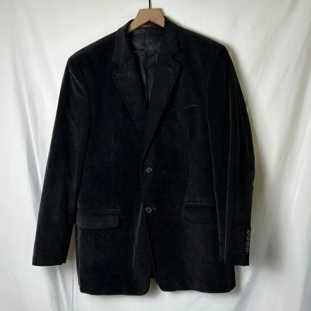 Adolfo Mens Corduroy 2-Button Sport Coat Blazer Size 42R Black Academic Preppy